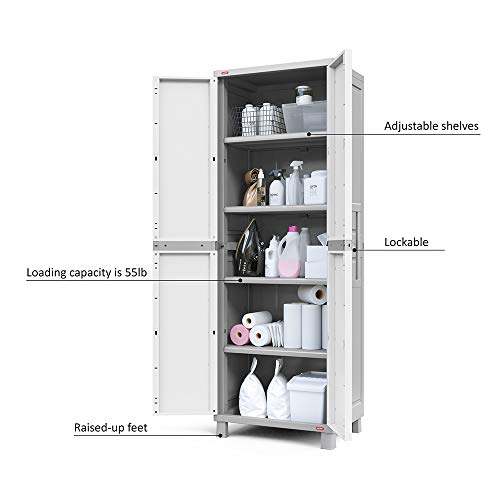 Keter Storage Cabinet with Doors and Shelves for Laundry Room, Garage, Bathroom Accessories, Closet and Home Organization, White & Grey