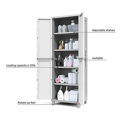 Keter Storage Cabinet with Doors and Shelves for Laundry Room, Garage, Bathroom Accessories, Closet and Home Organization, White & Grey