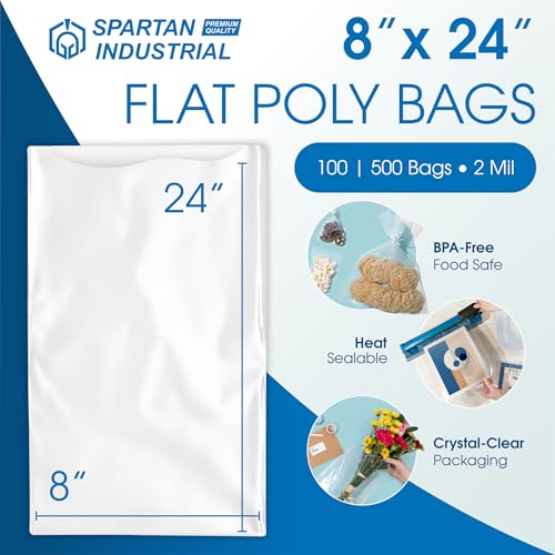 8" X 24" Open-End Flat Clear Poly Bags (500 Count) - 2 Mil | Clear Plastic Bags for Packaging, Shipping, Storage - No Adhesive Strip - Spartan Industrial - size: 8” X 24”