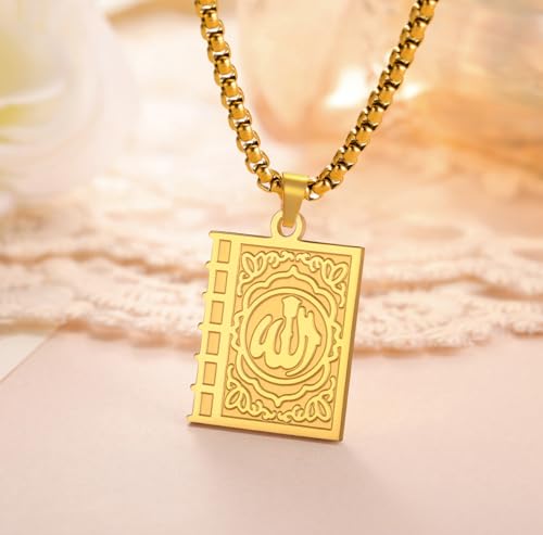 Islamic Necklace Double Sided Quran Book Muhammad Prophet Allah Pendant Arabic Calligraphy Ayatul Kursi Muslim Religious Jewelry Islam Eid Ramadan Gift for Men Women - color: gold