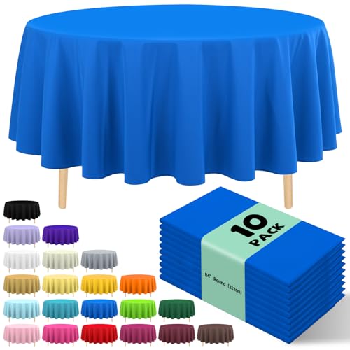 10 Pack Premium Disposable Plastic Tablecloth 84" Round Table Cover for Birthdays Weddings Christmas Anniversary Buffet Table (Blue) - color: Blue, size: 84" Round