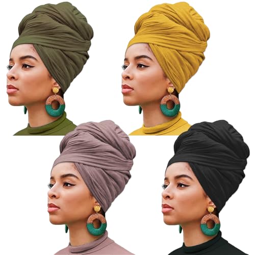XTREND 4 Pieces Stretch Head Wrap Jersey Turban Fashion Headband African for Women Long Hijab Soft Breathable Turbans Tie (Black, Army Green, Leather Powder, Turmeric) - color: Black, Army Green, Leather Powder, Turmeric