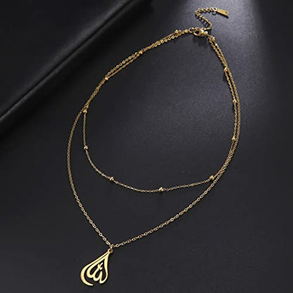 UNIFT Islamic Muslim Allah Layered Necklaces For Women Stainless Steel Charm Water Drop Heart Shape Allah Pendant Double Layer Necklace Islamic Jewelry - color: gold