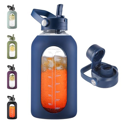 CIVAGO 64 oz Glass Water Bottle Jug with Detachable Straw and Time Maker | Half Gallon Motivational Large Flask Cup with Handle, Leakproof Lids, Wide Mouth, Silicone Sleeve, Tumbler for Juice, Navy - color: .Navy Blue, size: 64 Ounces