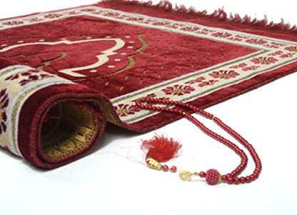 TB Islamic Prayer Rug Plush Soft Velvet Muslim Mat Unique Arabic Turkish African Embroidered Design Prayer Bead Daily Salah Prayer Meditation Ramadan Eid Gift for Women Men Kids (Red) - color: Red