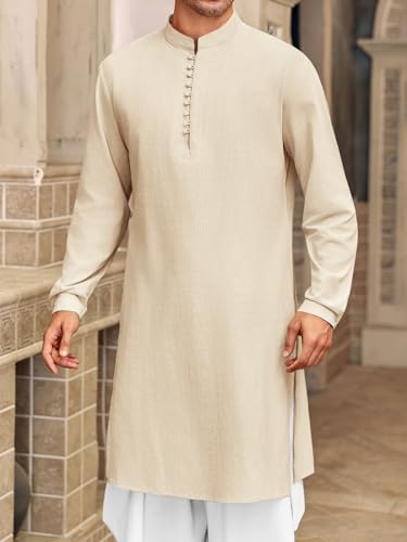 Runcati Mens Kaftan Thobe Button Down Henley Shirts Robe Long Sleeve Casual Cotton Linen Muslim Gown Shirt - color: Beige, size: X-Large