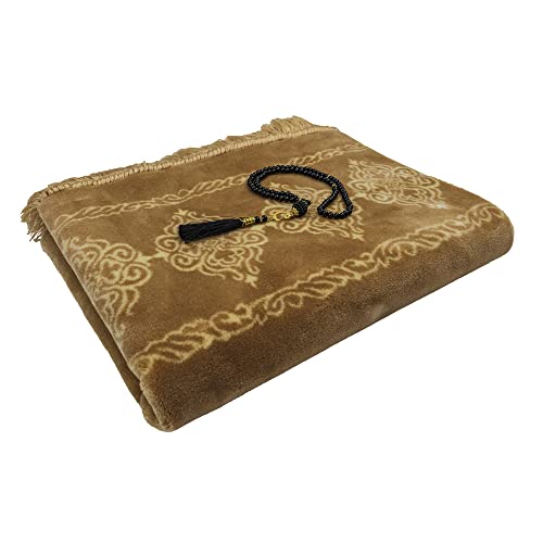 Modefa Turkish Islamic Prayer Rug - Large & Wide Soft Velvet Janamaz - Comfortable Muslim Praying Mat for Men & Women - Ramadan or Eid Gift - with Prayer Beads Tesbih - Grand Plush (Gold) - color: Gold
