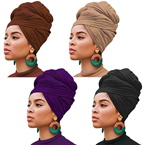 XTREND 4 Pieces Stretch Jersey Turban Knit Head Wrap Hairband Scarf Fashion Headband Solid Color Breathable Soft Extra Long Head Band Tie for Women (Black, Camel, Dark Purple, Coffee) - color: Black, Camel, Dark Purple, Coffee
