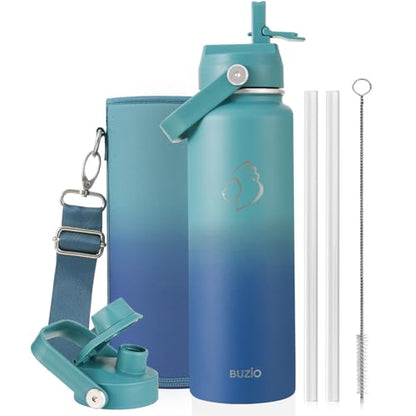 BUZIO 24 oz Insulated Water Bottle, Stainless Steel Wide Mouth Water Flask with Straw Lid, Cold for 48 Hrs Leak Proof Metal Hydro Thermo Canteen Mug, Gradient Cyan - color: Gradient Cyan, size: 24 Ounces