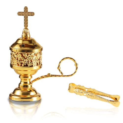 Gold Incense Burner with Tong – Frankincense Charcoal Incense Stand Aromatherapy, Yoga, Spa, Home Decor, and Church Use – Compact & Durable Bakhoor Holder - color: Gold With Tong