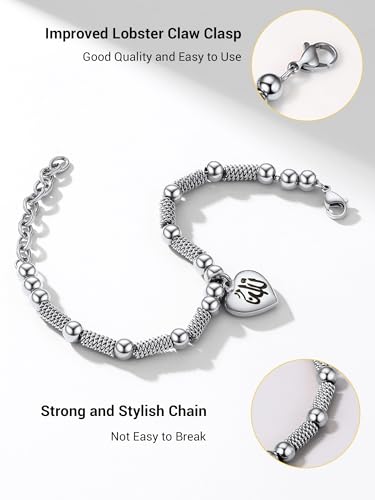 PROSTEEL Allah Bracelet, Muslim Islamic Jewelry Religious Islam Arabic God Charm Stainless Steel Beads Chain Bracelet, fits wrist from 5.9'' to 7.9'', Come with Box - color: 01 silver-allah heart