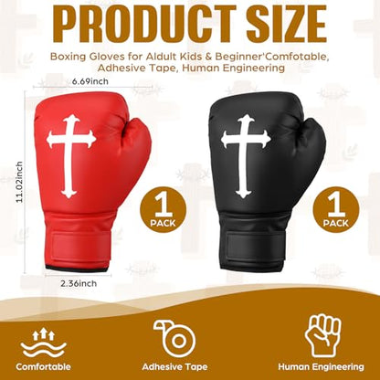 2 Pairs 12 oz Christian Boxing Gloves for Men & Women Cross Religious Boxing Gloves for Beginners & Kids Red Black Lightweight Shockproof Mitts for Training & Practice