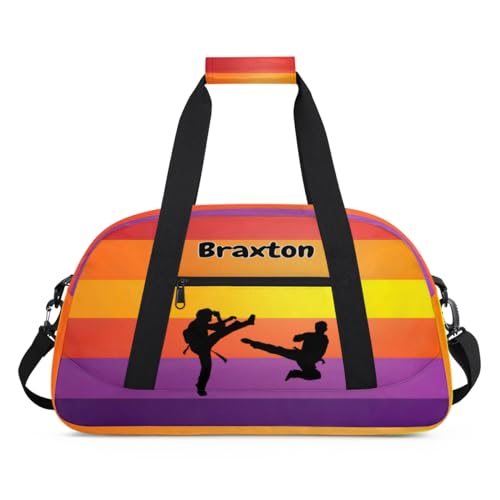 Custom Sports Duffel Bag Martial Arts Silhouette Colorful Stripes | Personalized Named Practice Travel Overnight Training Bag - color: Color 3