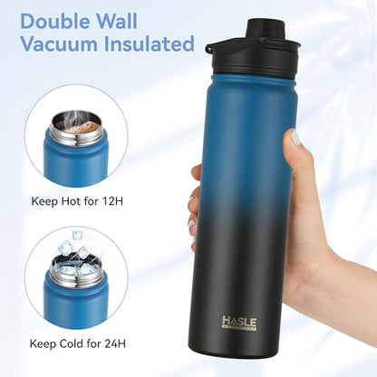 HASLE OUTFITTERS Insulated Water Bottle 22 oz Double Wall Stainless Steel Water Bottle Wide Mouth with Straw Lid & Spout Lid Keeps Cold or Hot(Blue Black Gradient,1) - color: Blue Black Gradient, size: 22 Ounces