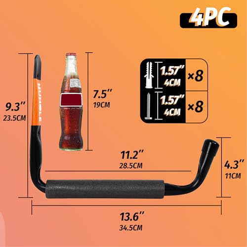 HUHOLE 4 Pack 13.6 Inch Jumbo Garage Storage Hooks | Wall Mount Hangers with 70 lb Capacity for Kayak, Ladders, Canoes, Snowboards, Folding Chairs, Paddleboards and Surfboards - size: 13.6" Ski Board Hanger