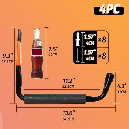 HUHOLE 4 Pack 13.6 Inch Jumbo Garage Storage Hooks | Wall Mount Hangers with 70 lb Capacity for Kayak, Ladders, Canoes, Snowboards, Folding Chairs, Paddleboards and Surfboards - size: 13.6" Ski Board Hanger
