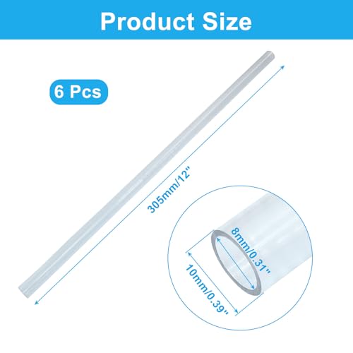 Piutouyar 6 Pcs Round Clear Rigid Tubing Pipe, 0.31 Inch (8 mm) ID x 0.39 Inch (10 mm) OD x 12 Inch (305 mm) Length Rigid Tubing Plastic Polycarbonate Tube - size: 8mmx10mm