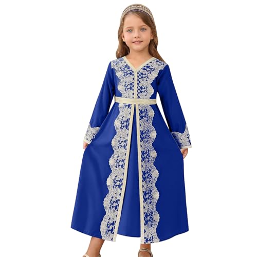 FYMNSI Kids Girls Muslim Abaya Dress Modest Lace Belted Prayer Dress Islamic Maxi Robe Kaftan Ramadan Arabian Dubai Clothes - color: Royal Blue, size: 12-13 Years
