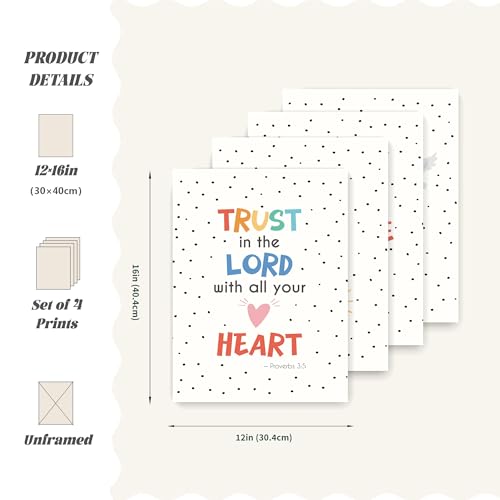 LARTSFRO Bible Christian Wall Art Decor Posters Prints, Inspirational Bible Verses Room Bathroom Bedroom Playroom Dorm Wall Art Decor Aesthetic for Nursery Baby Kids Teen Girls Gifts, Christian Classroom Wall Decor, 12x16 Inch Set of 4 Pcs Pictures (UNFRA