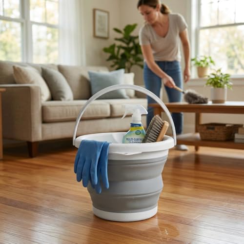 Collapsible Bucket 5L, Foldable Silicone Water Pail with Handle, Portable Space Saving Bucket for Cleaning, Camping, Car Wash, Fishing, Travel, Durable Lightweight Utility Container