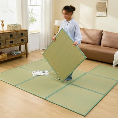 Japanese Rush Grass Tatami Mat Rug, 31.5"x31.5"x0.5",9pc,Fold DIY | Japanese Portable Firm Traditional Foldable with Non-Slip Design, Floor Padding for Crawling and Yoga, Relaxing, Meditation