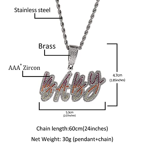 Lulu Mel Iced Out Personalized Cursive Name Necklace For Trendy Women, Custom Handmade Nameplate Pendant With Cuban Link Chain, White Gold Plated Hip Hop CZ Diamond Jewelry Gifts - color: Silver&Blue
