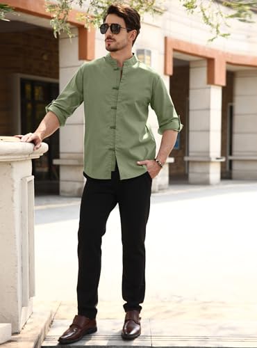 Zaitun Mens Cotton Linen Shirts Casual Buttons Down Roll-Up Sleeve Shirt Summer Chinese Style T-Shirts - color: Green, size: Medium