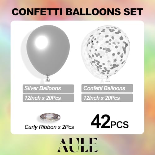 AULE Party Balloons Pack of 42 - Metallic Balloons & Confetti Balloons and 64ft Ribbons - 12 Inch Silver Balloons Decorations Set - color: Silver
