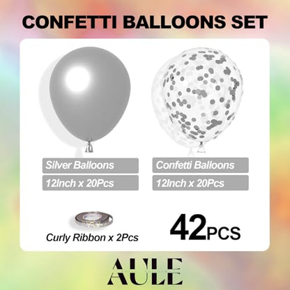 AULE Party Balloons Pack of 42 - Metallic Balloons & Confetti Balloons and 64ft Ribbons - 12 Inch Silver Balloons Decorations Set - color: Silver