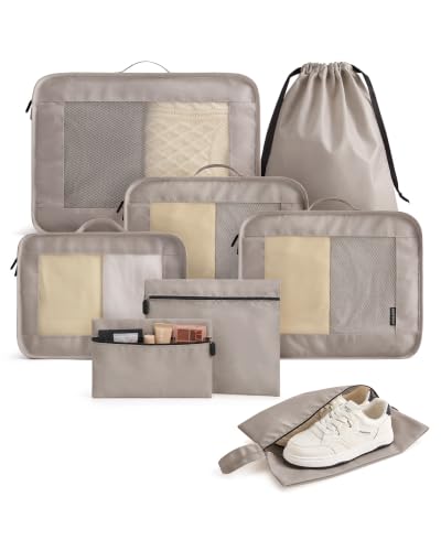 LIGHT FLIGHT 8 Set Packing Cubes for Travel, Cruise Ship Travel Essentials - color: Latte Brown