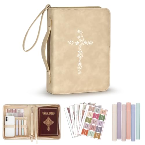 LISWIT Bible Cover for Women, Large Bible Case with Shoulder Strap - Durable PU Leather Carrying Bag Sleeve, Christian Gifts for Women (Beige/Gold) - color: Beige/Gold