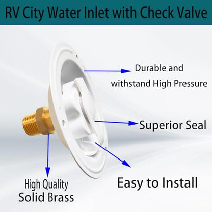 RV City Water Inlet With Check Valve, 3/4 NH Female to 1/2 NPT Male Flange Fresh Water Replacement, Dust Plug for Camper Motorhome, White
