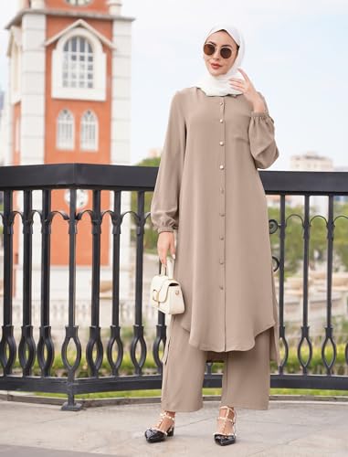 Muslim Clothes for Women 2 Piece Set Long Sleeve Button Down Shirt and Pants Ramadan Abaya Dress Islamic Dubai Outfits - color: Khaki, size: 4X-Large