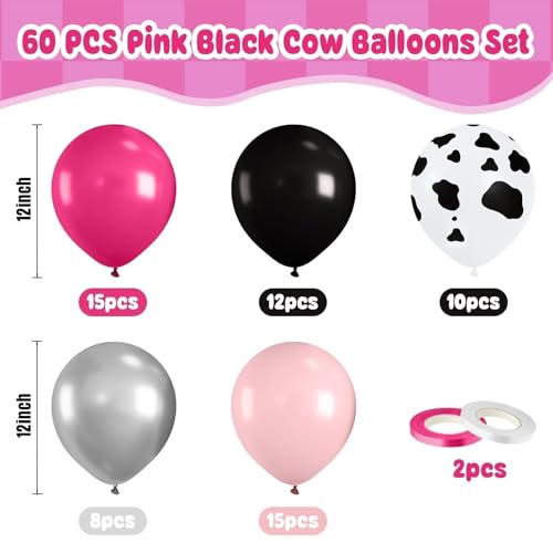 Pink Black Cow Balloons, 60 Pcs Cow Print for Girls Cowgirl Birthday Party - color: Pink Black Cow