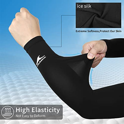 Achiou Cooling Ice Silk Arm Sleeves, Summer UV Sun Protection Compression Sleeves UPF 50+ for Women Volleyball Youth Sports - color: 2 Pairs: Black