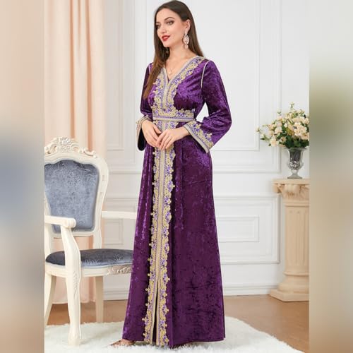 IDOPIP Muslim Women Velvet Dress Embroidery Abayas Long Sleeve V-Neck Moroccan Maxi Kaftan Dubai Robe Arabic Islamic Clothing - color: Purple, size: X-Large