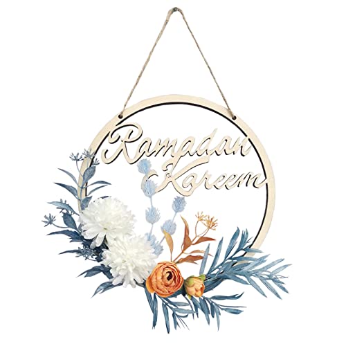 Ramadan Kareem Wreaths for Front Door, Eid Al-Fitr Artificial White Flowers Hanging Ramadan Door Wreath, Islamic Ramadan Decorations for Home Party (Blue) - color: Blue