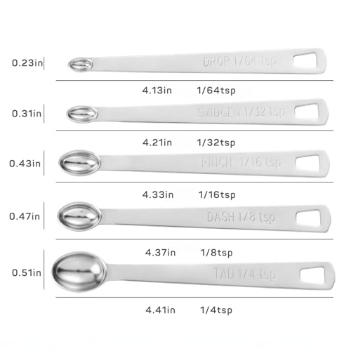 5Pcs Teaspoon Measuring Spoons, 1/4 tsp, 1/8 tsp, 1/16 tsp, 1/32 tsp, 1/64 tsp Metal Measuring Spoons Set, Stainless Steel Cooking Baking Tiny Measuring Spoon for Powders, Spices, Salt - size: 5 Pcs Mini