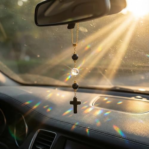 Cross Crystal Hanging Car Charm - Healing Stones Rear View Mirror Decor, Boho Handmade Sun Catcher Ornament with Tiger Eye & Sunflower Amethyst- Meaningful Gift for Women, Friends, Car Lovers - color: Obsidian