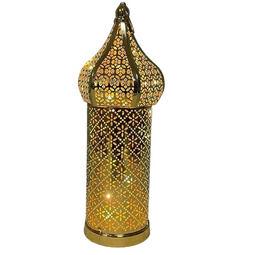 Moroccan Lantern Hollow White LED Wind Lamp Wrought Iron Decorative Ramadan Lantern for Hanging or Table Home, No Battery