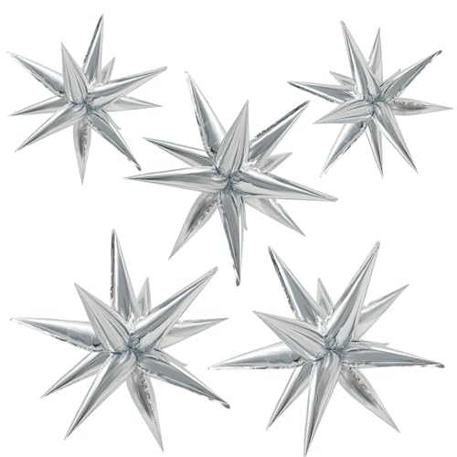 60Pcs Silver Star Balloons Birthday Decorations Explosion Mylar Balloons 12 Spike Balloon Large Foil Prom Balloon for Wedding Anniversary Christmas New Year Eve Party Backdrops Supplies - color: Silver