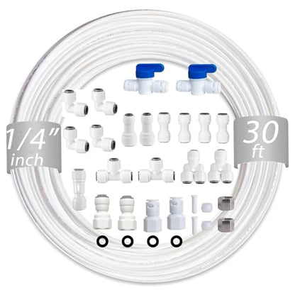 NSF 1/4" inch Water Line Tubing and Push to Connect Fittings for Reverse Osmosis Water Filter RO fittings (Feed water adapter Kits), 11 pcs connetors+30 feet 1/4" O.D. (6.4mm) water tubing. - style: 1/4"(23pcs+30feet)