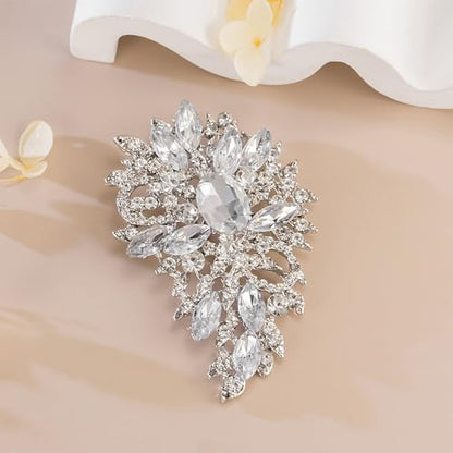 SELOVO Women's Rhinestone Crystal Wedding Flower Leaf Sparkle Brooch Pin - color: Clear Silver Tone