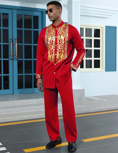 Mens African 2 Piece Sets Dashiki Metallic Traditional Suit Gold Stamp Printed Shirt and Pants Outfit - color: Red, size: Small