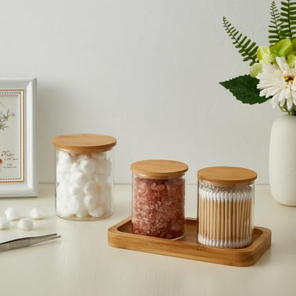 INIUNIK 3 Pack Glass Qtip Holder Dispenser with Bamboo Lid Apothecary Jars Cotton Ball Swab Holder Jar Dispenser Bathroom Vanity Canisters for Countertop Storage and Organization - size: 3 Pack