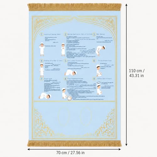 Prayer Mat with Instructions, Suede Muslim Prayer Rug for Beginners | suede prayer mat with Arabic, English, and transliteration guidance for home, school, travel, kids, and reverts. - color: Blue