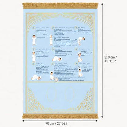Prayer Mat with Instructions, Suede Muslim Prayer Rug for Beginners | suede prayer mat with Arabic, English, and transliteration guidance for home, school, travel, kids, and reverts. - color: Blue