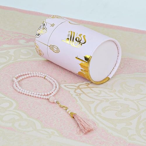 VHD Muslim Prayer Rug Set, Janamaz Salah Set, Islamic Tasbih Mat Set (Pink) - color: Pink