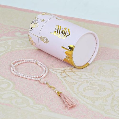VHD Muslim Prayer Rug Set, Janamaz Salah Set, Islamic Tasbih Mat Set (Pink) - color: Pink