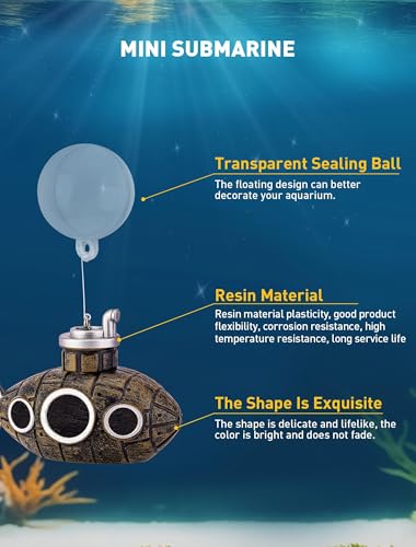 2.1 Inch Mini Floating Submarine Aquarium Decoration | Mini Resin Submarine Ornament with Float Ball and Adjustable Line for Aquariums, Fish Tanks and Terrariums - size: 2.1'' Mini Floating Submarine